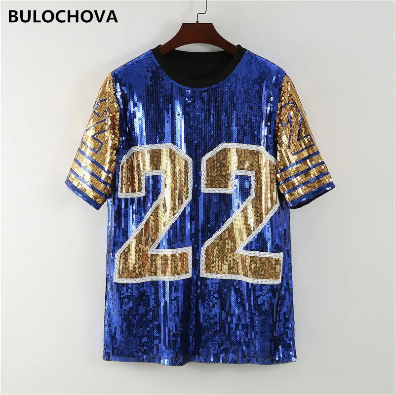 

BULOCHOVA Patchwork Color Print Letters Long T Shirt Dresses For Women Fashion Bling Sequin Loose Straight Midi Dress 2023 New