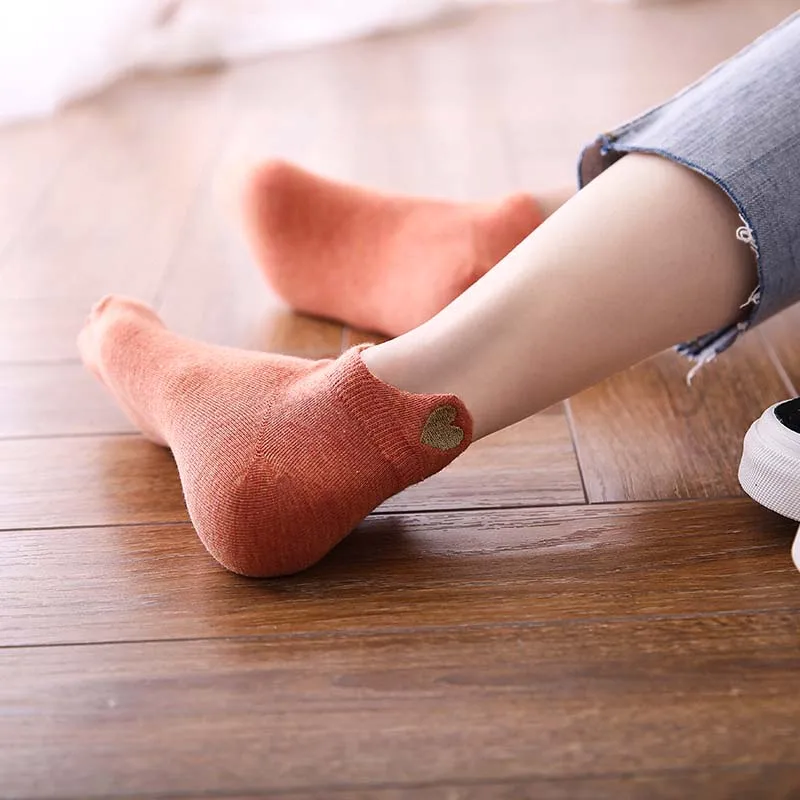 10 Pair/Lot Women's Cotton Socks Low Tube Solid Gold Silk Embroidery Heart Crown Print Kawaii White Harajuku Short Socks