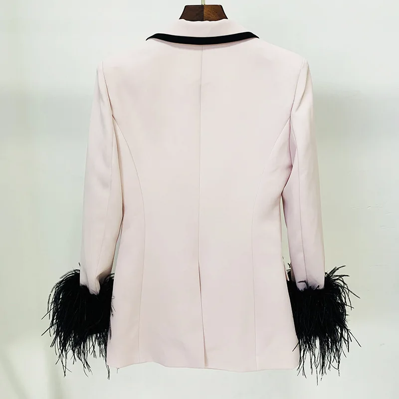 Vintage Pink  Women's Suits & Blazers  Lady Cuff Feather Canvas Clothing Women White Lapel with Black  hemming