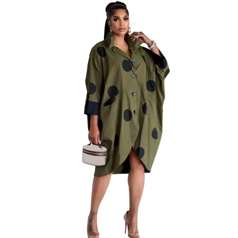 

African Dresses For Women New Arrival Printed Nine-quarter Sleeve Shirt Pocket Dress Fashion Loose Polka Dots African Clothing