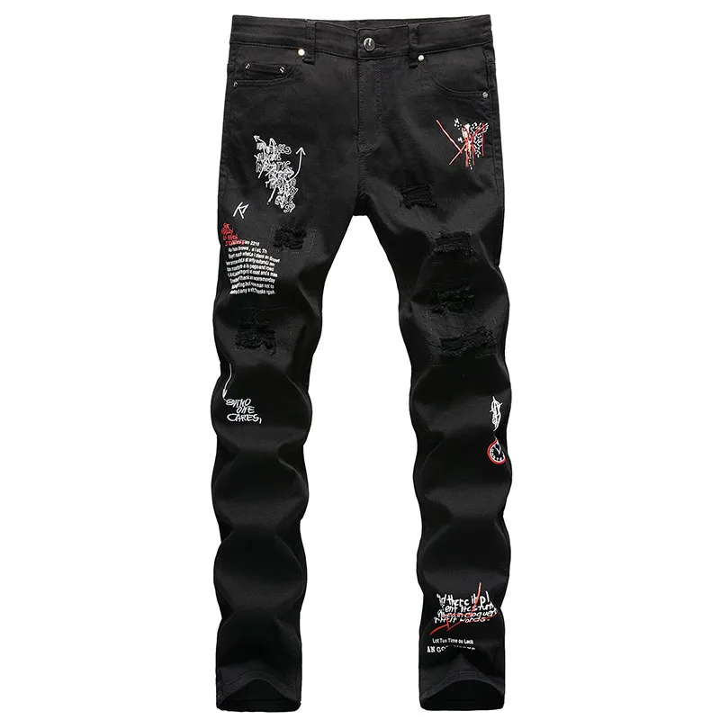 Fashion Embroidery Letters White Skinny Jeans Trousers Men Hip Hop Punk Casual Motorcycle Stretch Ripped Denim Pants Streetwear