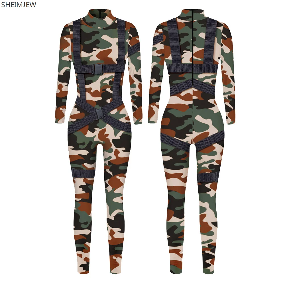 

Long Sleeve Sexy Women Skinny Jumpsuit Camo Straps Print Jumpsuit Party Series Cosplay Elastic 3D Bodysuits 2024