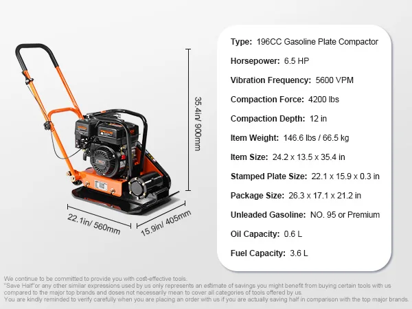 SucceBuy Gasoline Plate Compactor 2.8/6.5 HP Force Vibratory Compaction Tamper For Walkways, Asphalts, Patios Paver Landscaping