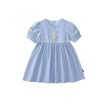 Girls' embroidered dress 2025 summer dress children's French sky blue bubble short sleeved princess dress - Image 5