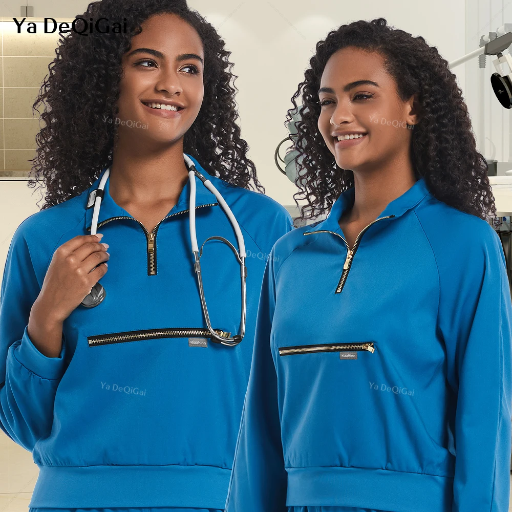 LongSleeveMedicalClothesWomenScrubTopNursingUniformVetCostume