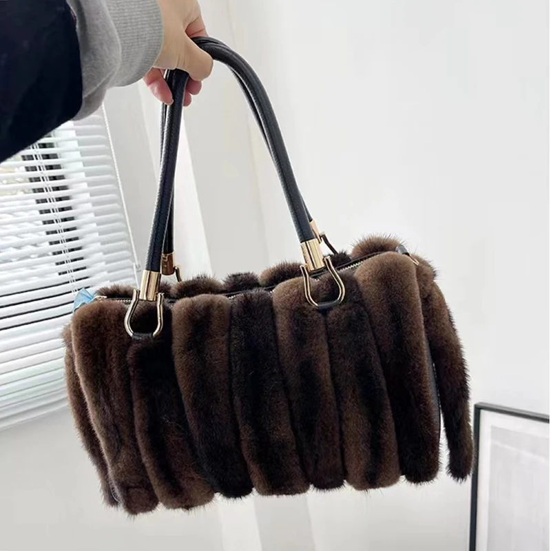 Winter Real Mink Fur Bag Luxury Brown Handbags Women High Quality Crossbody Bag Furry Large Capacity Striped Shoulder Handbag