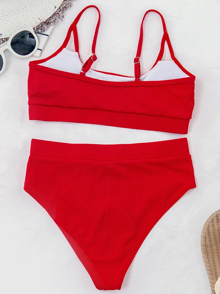 Sexy Ribbed High Waist Bikini Female Swimsuit Women Swimwear Two-pieces Bikini set Bather Bathing Suit Swim Summer Beachwear
