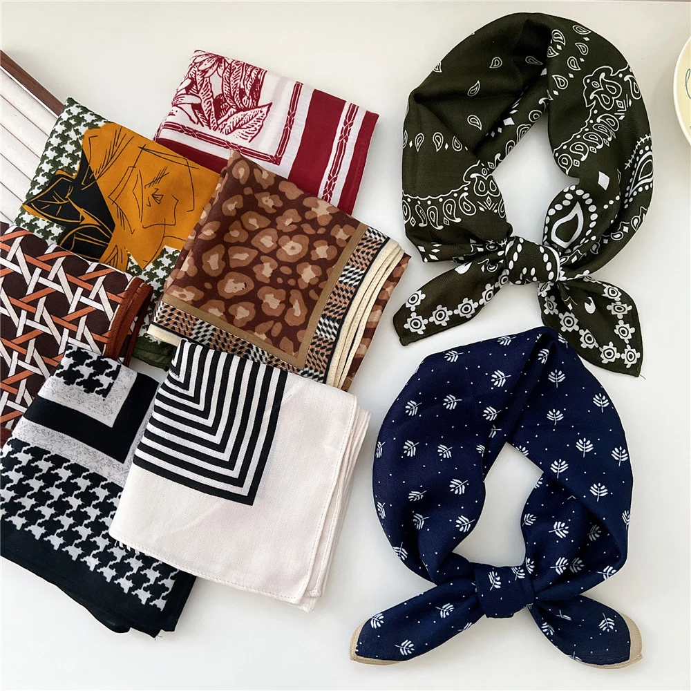 Vintage Flower Pattern Head Neck Scarves 65*65cm Cotton Linen Print Square Scarf For Women Small Shawls Female Bag Scarves 4