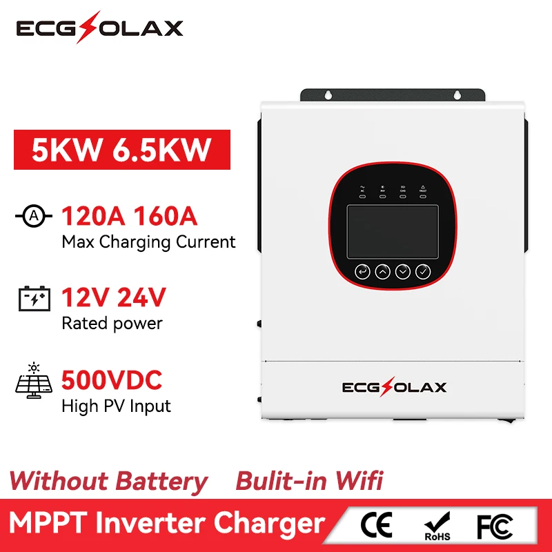 ECGSOLAX 5KW 6.5KW HYBRID SOLAR INVERTER 24V 48V 220Vac พร้อม MPPT 120A 160A Solar Charger PURE Sine WAVE อินเวอร์เตอร์ WIFI ในตัว 1