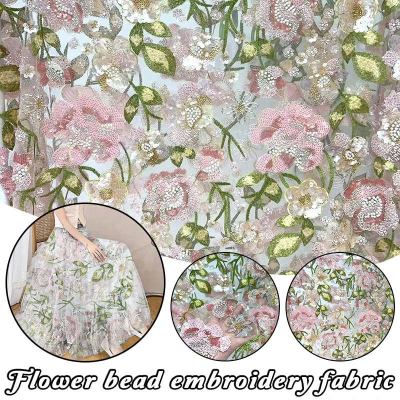 1 Yard Blumenperlen Stickerei Stoff Spitze Tüll Kleid Hochzeitskleid Stoff DIY Nähen Hochzeitskleid Kleidung Blumenstoff – Detail 3