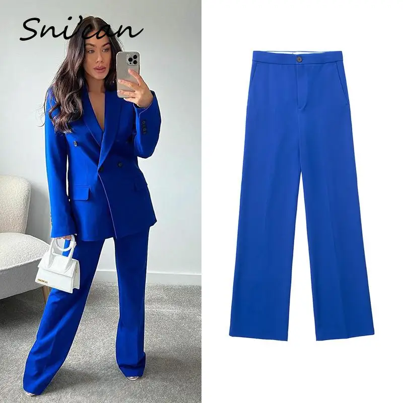 Solid Blue Basic Office Ladies Long Trousers Women Fashion Spring High Waist Loose Straight Women Pants 