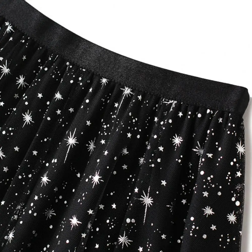 

Pleated Skirt Sequins Star Print Tulle A-line Skirt High Waist Layered Lace Pleated Midi Skirt for Women Elegant Stylish Fashion