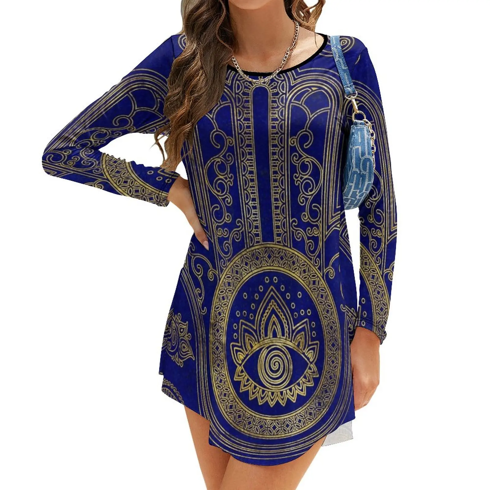 

Hamsa Hand - gold on lapis lazuli Long-Sleeve Dress evening dress woman luxury woman evening dress