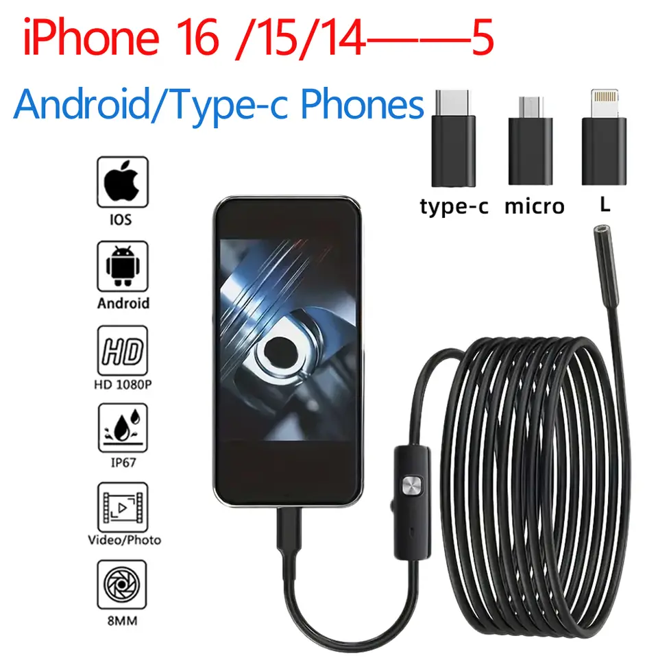 HD1920P Endoscope Inspection Camera Type-C Mini Inspection Camera IP67 Car Sewer Pipeline Borescope for Android IOS iphone image 1