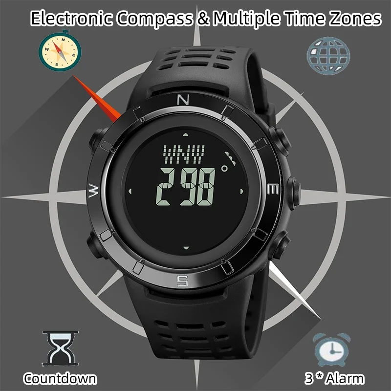 Skmei Electronic Compass Digital Watches for Mens Multiple Time Zone LED Waterproof Sports Wristwatch 3 Alarm Clock view 5