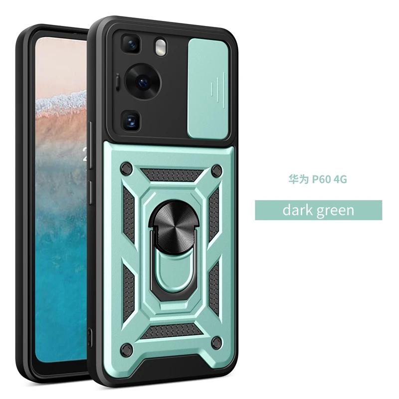 Armor Shockproof Magnetic Ring Stand Holder Case with Slide Camera Lens Cover