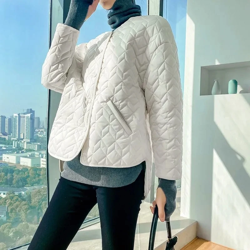 

Autumn Womens Short Cotton Padded Coat Solid O Neck Jackets for Women Lightweight Outwear
