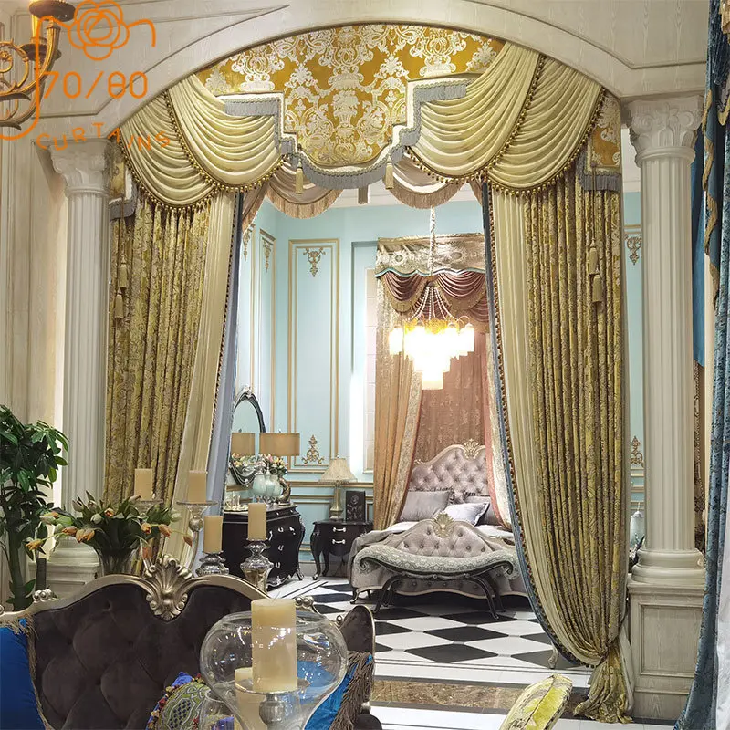 

High-end Luxury European-style Palace Golden Velvet Jacquard Stitching Curtains for Living Room Bedroom Villa Custom Decoration