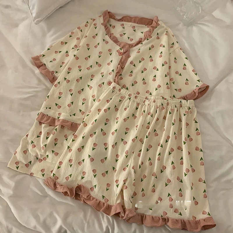 Lace Round Necked Pajamas For Women 2024 New Short Sleeves Shorts Ruffles Female Sleepwear Sets Korean Floral 2Pcs Night-clothes