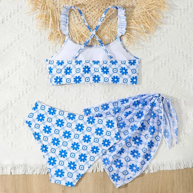 3pack Children Girls Blue Flower Printed Bikini Sets 8-12 Years Kids Swimsuit Skirts Swimwear Teens Beach Bathing Suit