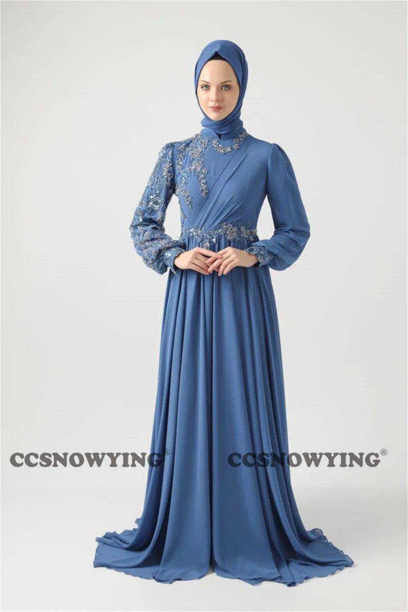 

Long Sleeve High Neck Muslim Evening Dresses Chiffon Appliques Islamic Hijab Formal Party Prom Gown Women Arabic Dubai Kaftan
