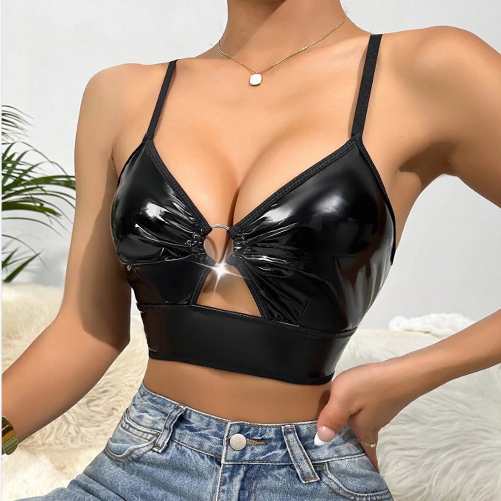 Women Sexy Glossy Leather Bra Sex Lingerie Metal Ring Hollow Latex Push Up Bralette Tops Bra Women Clubwear erotic lingerie