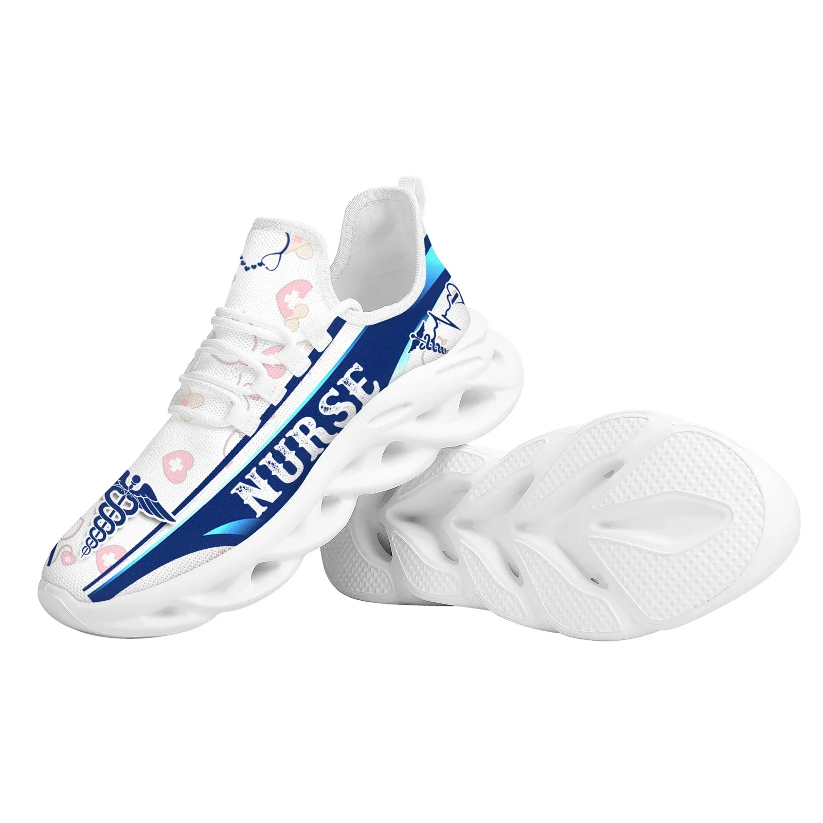 White Ladies Nurse Print Summer Knit Platform Shoes Lightweight And Breathable Lace-up Blade Sneakers Medical Shoes