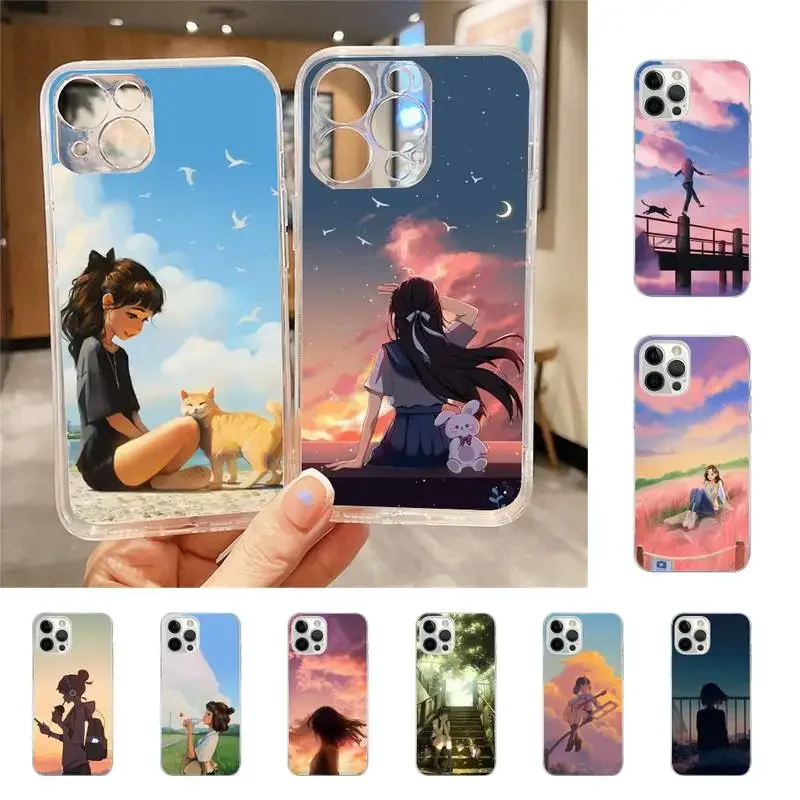 Cartoon Scenery Girl Phone Case Per Iphone 7 8 Plus X Xr Xs 11 12 13 15 Mini Mobile Iphone 14 Pro Max Case