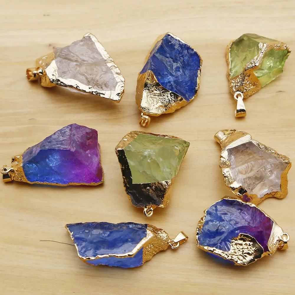 Natural Crystal Stone Multicolor Irregular Pendants Plating Phnom Penh Necklace Reiki Charms DIY Jewelry Making Accessories 6Pcs