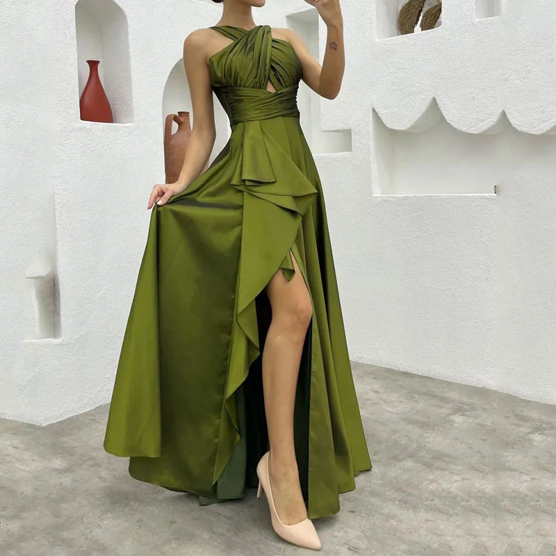 

Summer Sexy Cross Halter Split Solid Party Dress Fashion Irregular Formal Dresses Women Elegant French Pleated Evening Dress