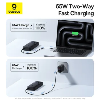 Baseus 65W Power Bank 20000mah Fast Charging with Built-in Retractable Type-C Cable for Laptops iPhone 16 15 Pro Max 3