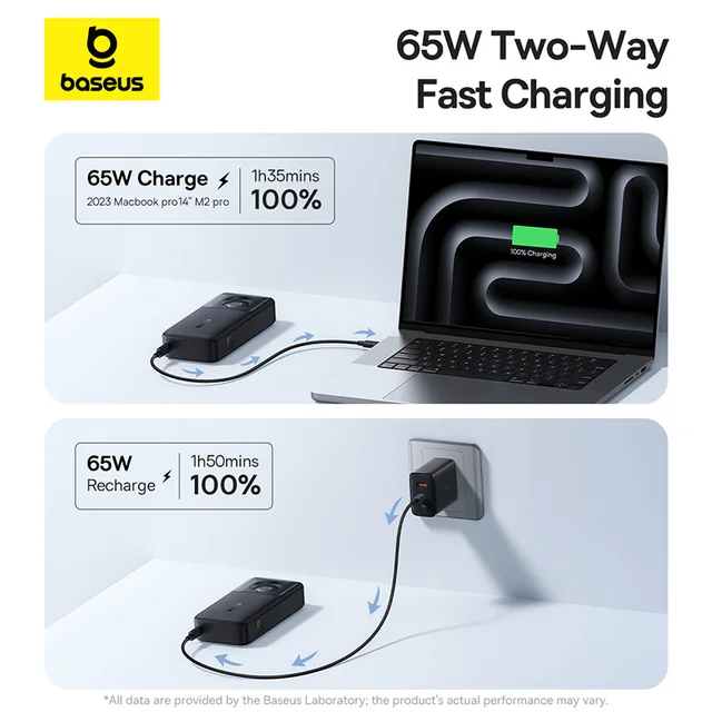 Baseus 65W Power Bank 20000mah Fast Charging with Built-in Retractable Type-C Cable for Laptops iPhone 16 15 Pro Max 3