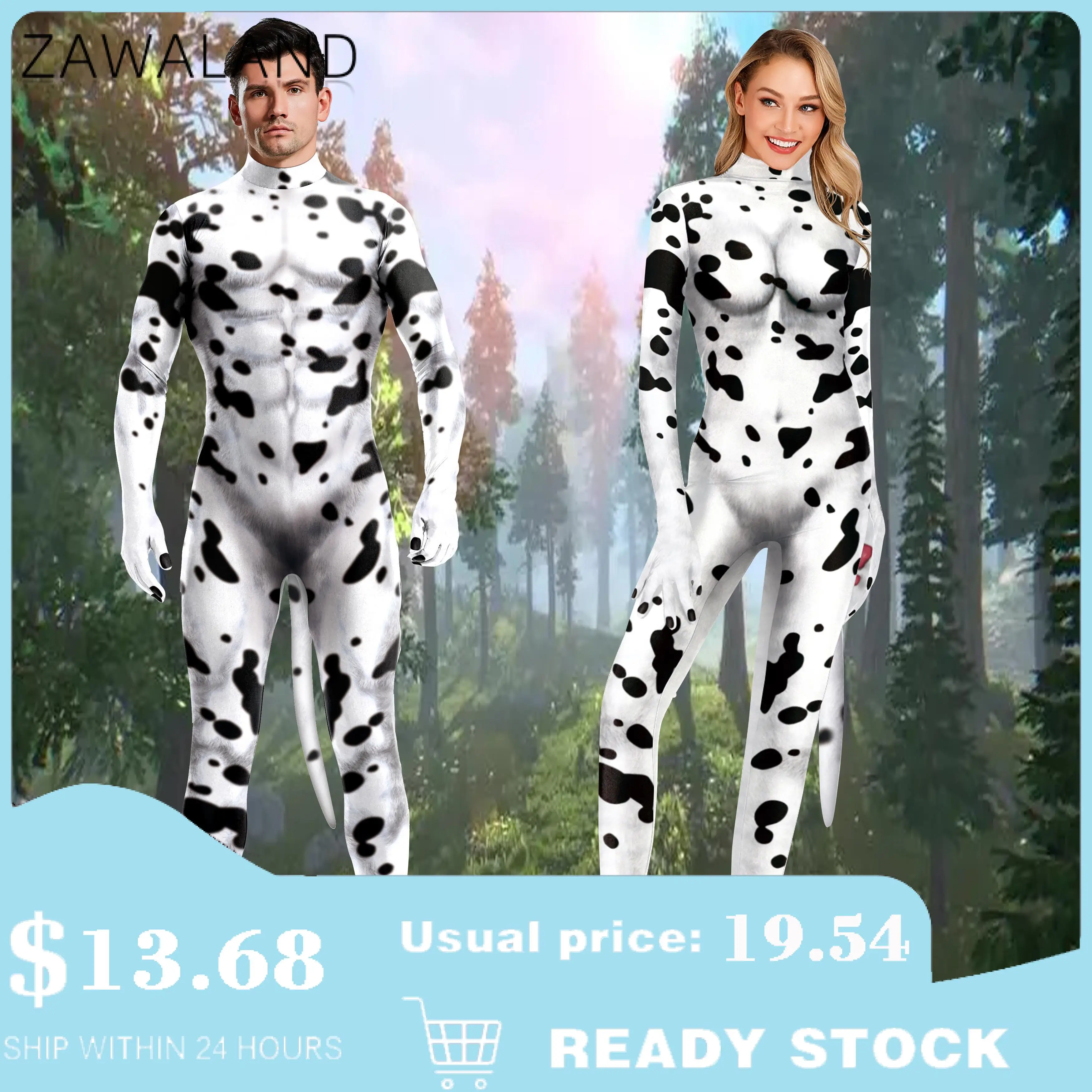 Cosplay Costume Zawaland Milk Cow Cosplay Costume Animal Printed Full Cover Suit Adult Jumpsuit Zentai Carnival Catsuits with Tail Fancy Outfit Cosplay Costume