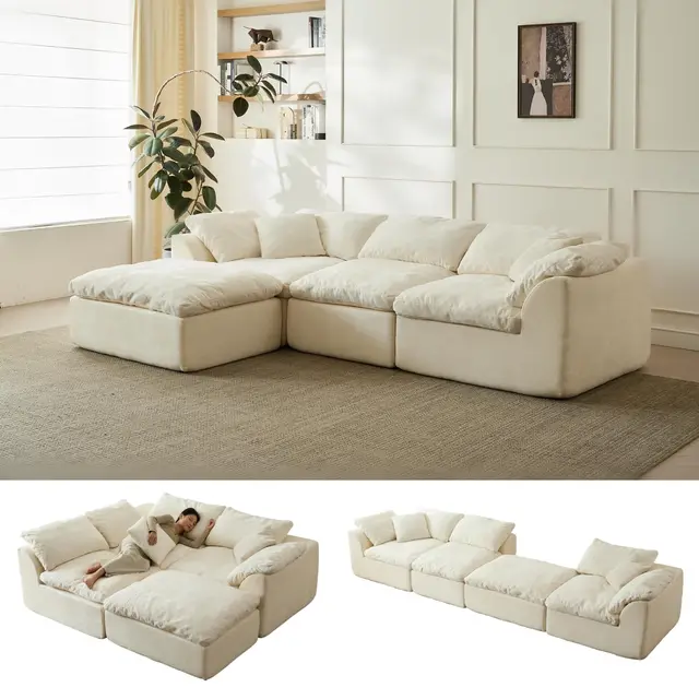 109" Modern Cloud L-Shaped 3-Seater Oversized Deep Seat Chenille Fabric Sofa White Modular Sectional with Ottoman