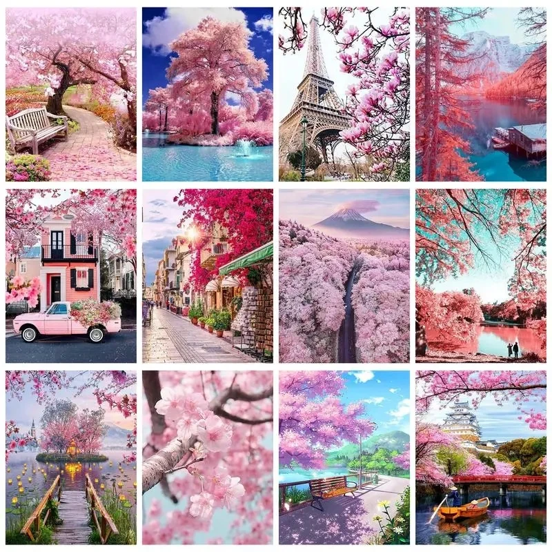 5D Diamond Painting Frame Pink Flowers Landscape Cross Stitch Home Decors Diy Crafts Adults diamond painting