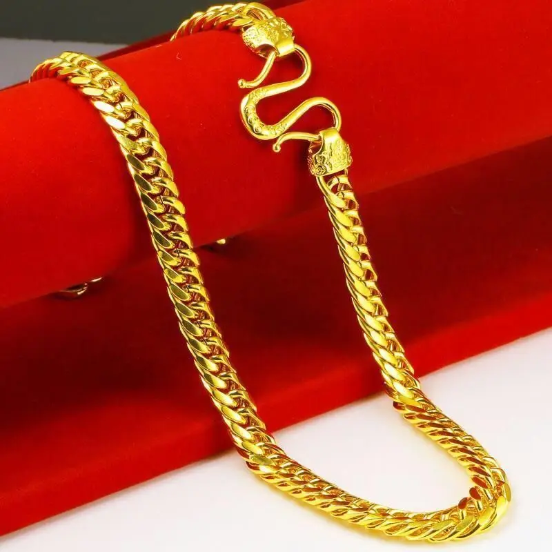 9999 24K real gold Flat Necklace Fu buckle Boss Bracelet For Men