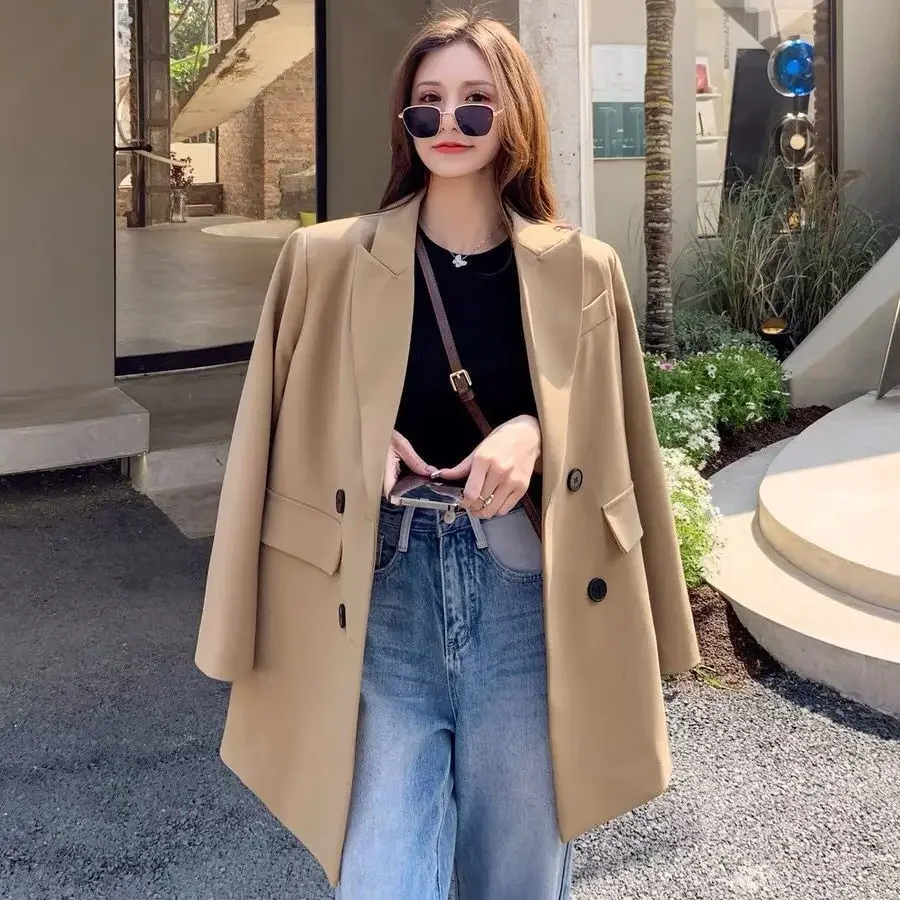 Black Suit Vintage Long Sleeve Blazer Women White Suit Spring Autumn Jacket Double-breasted Office Ladies Korean Loose Coat