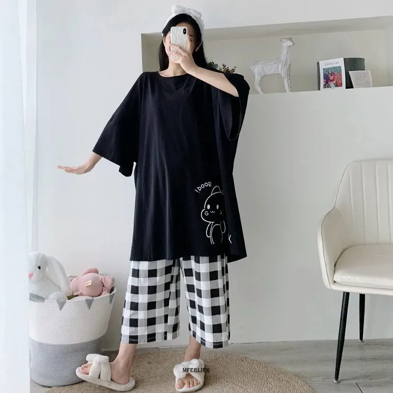 플러스 사이즈 6XL 150KG 여름 여성 잠옷 세트 O 넥 반팔 탑과 바지 블랙 스위트 잠옷 잠옷 정장