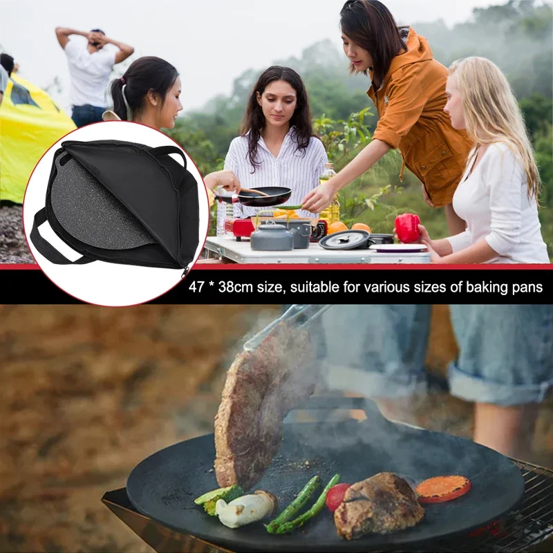 600D Oxford grill pan storage pouch waterproof durable with handle for outdoor BBQ kitchen 47x38cm