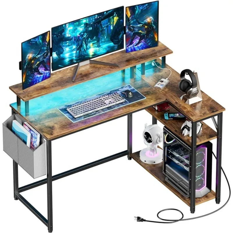 L Shaped Desk with Power Outlets & LED Lights, Computer Desk with Long Monitor Stand, Corner Desk for Small Space