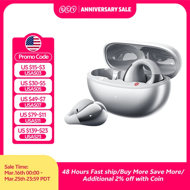 QCY Crossky C30S Open Ear Wireless Earphones Hi-Res with LDAC Ear Clip Earbuds Bluetooth 6.0 Clip On OWS Sports Headphones 40Hrs