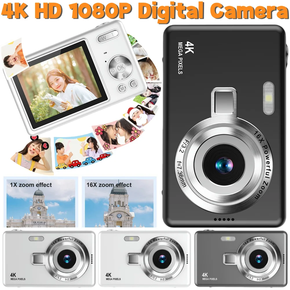 4K HD 1080P Digital Camera 96MP Portable Vlogging Camera 16X Zoom Camcorder Camera 2.4 Inch IPS Screen for Photography and Video