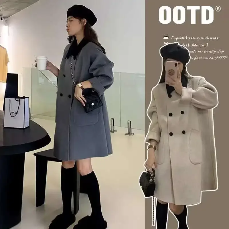 Maternity Double-Faced Cashmere Coat Medium-Length Hepburn Style Thickened Woolen Outerwear for Pregnant Women New Hot Sale Of T