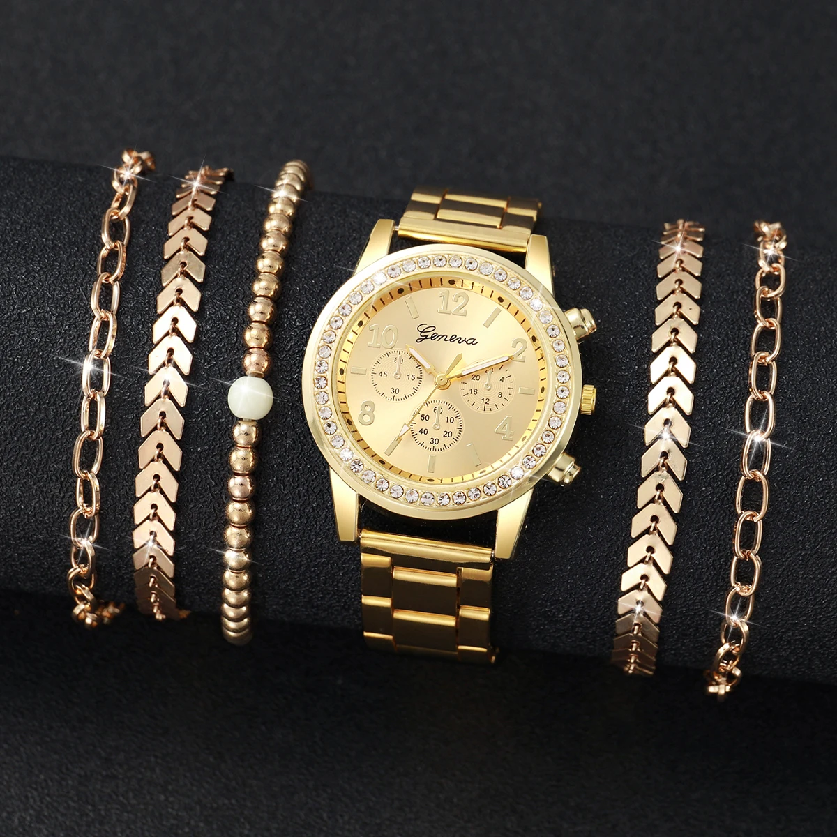 6PCs/Set Women's Watch Fashion Three Eye Dial Stainless Steel Strap Simple Quartz Watch Set with Gold Bracelet 3