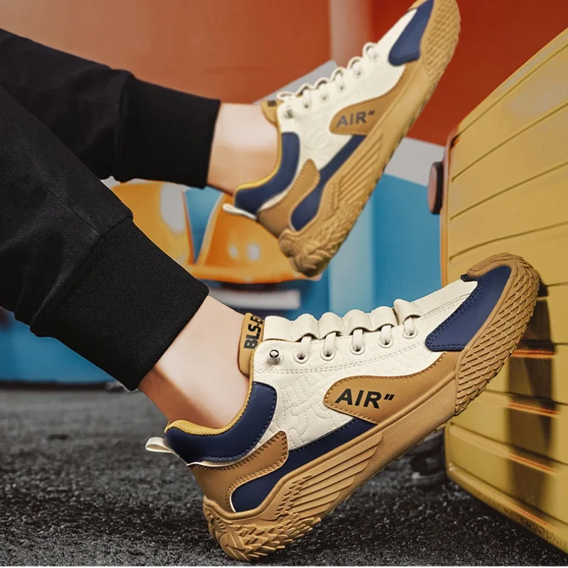 Round Toe Sneakers Men Designers Shoes Trendy Safty Work Man Shoes Patchwork Male Leather Sneakers Pattern Side Bottom Shoes