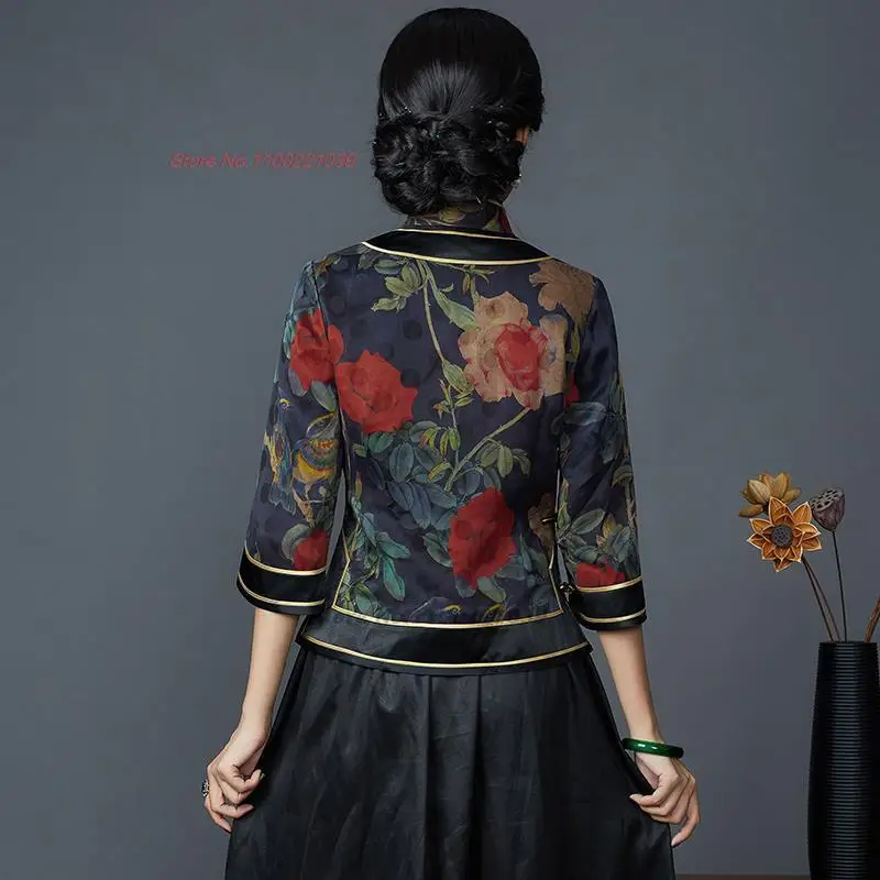 traditional chinese improved cheongsam retro qipao shirts national flower print satin blouse elegant oriental tang suit