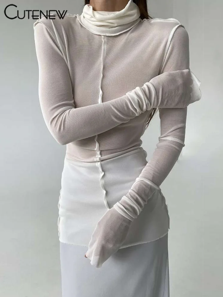 Solid Thin Sheer Autumn Women T-shirts Classic Ruched Trim High Collar Full Sleeve Basic Tees Female All-matched Tops