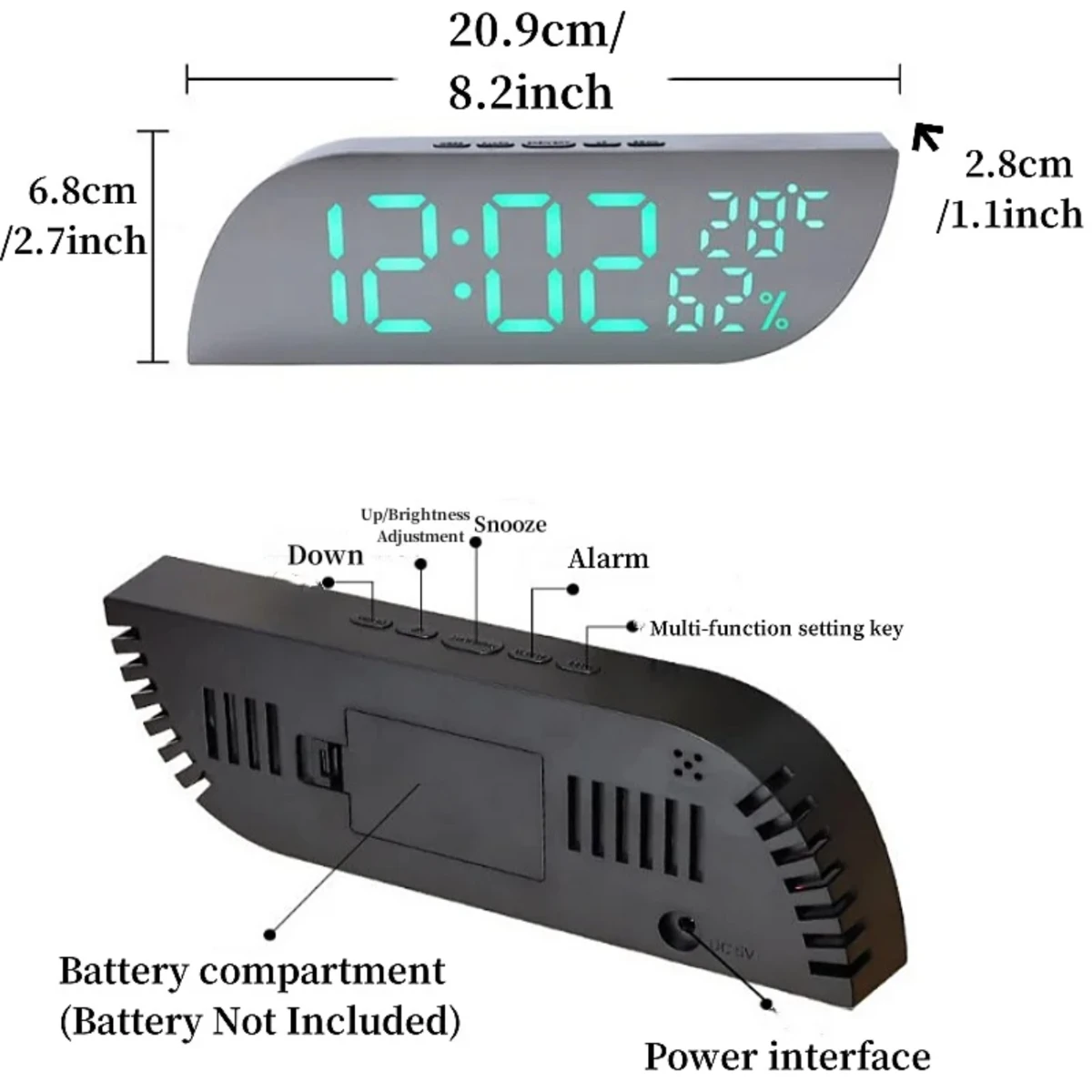 Digital Alarm Clock Temperature Humidity Date 3 Alarms 2 Display  Unlimited Snooze Table Clock 12/24H Night   Clock 6