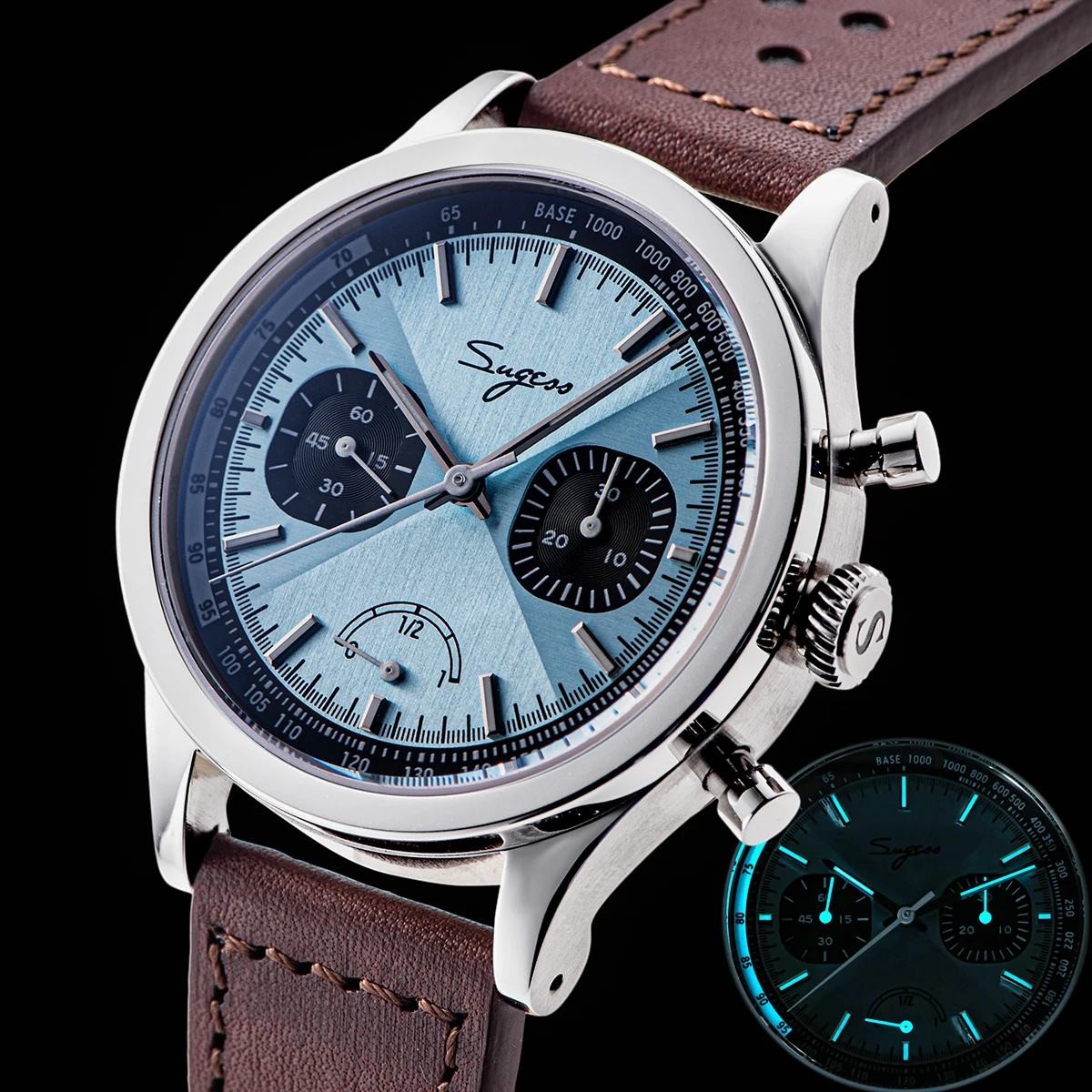 Teal blue Vintage 38 mm Pilot Chronograph Seagull ST19 power