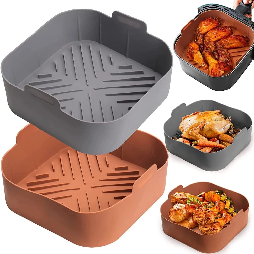 21cm Silicone Air Fryer Baking Tray Pizza Fried Chicken Reusable Basket Mat Non-Stick Square